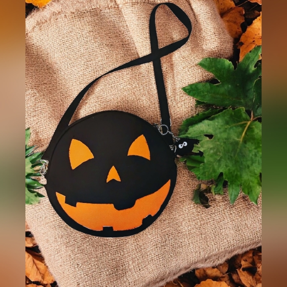 Gothic Handcrafted Limited Design Pumpkin Crossbody Bag With Bat Keychain.